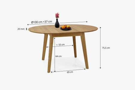 Dřevěný dubový kulatý stůl s rozkladem, matný lak