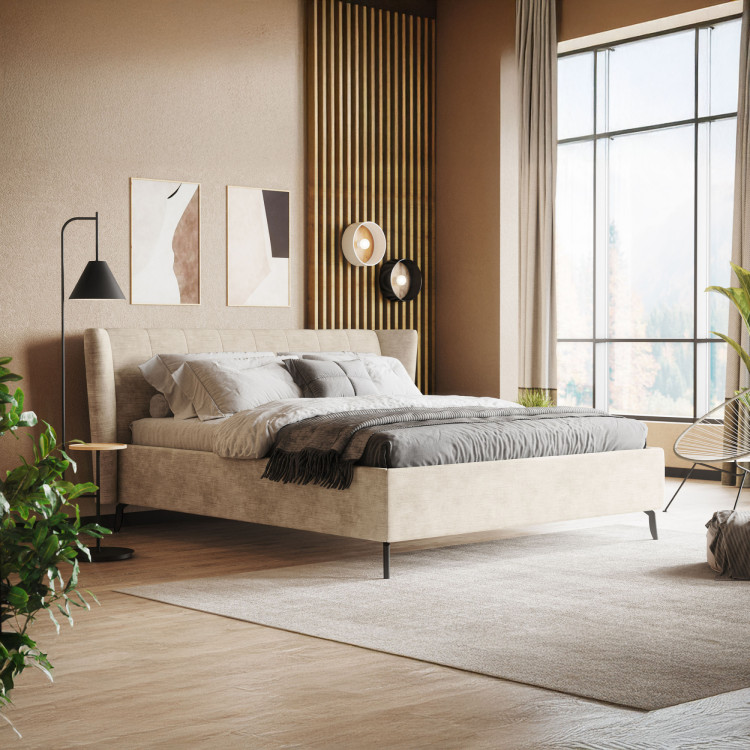 Moderná čalúnená posteľ s úložným priestorom piesková, 160 × 200 cm