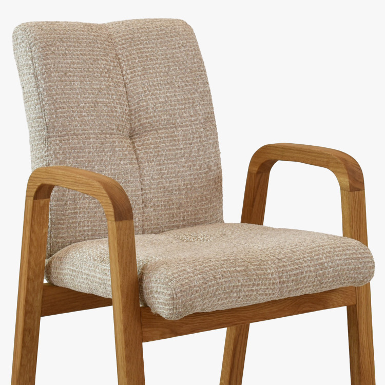 Dubová stolička s područkami, čalúnená béžová