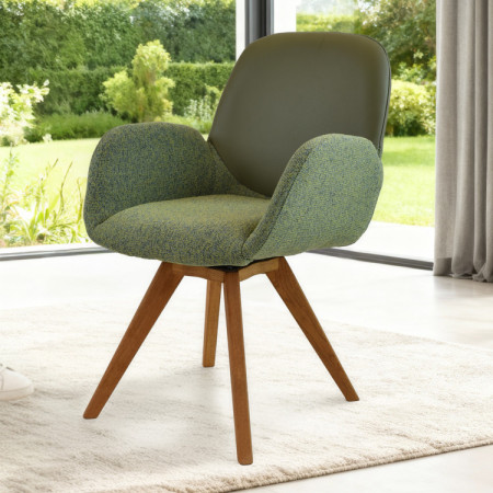 Dubové otočné kreslo, látka + koža zelená