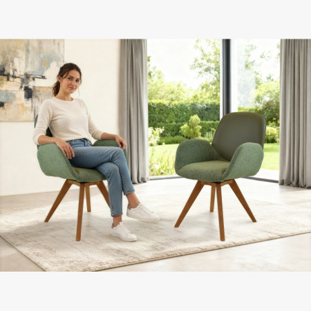 Dubové otočné kreslo, látka + koža zelená