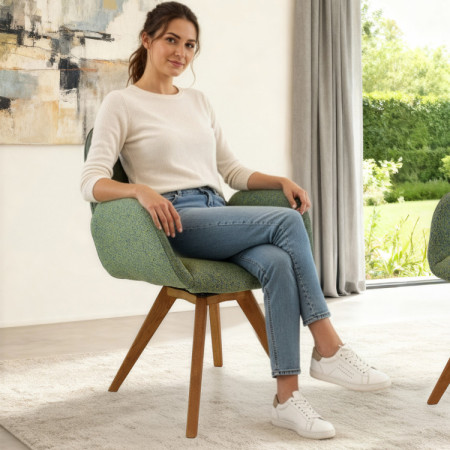 Dubové otočné kreslo, látka + koža zelená