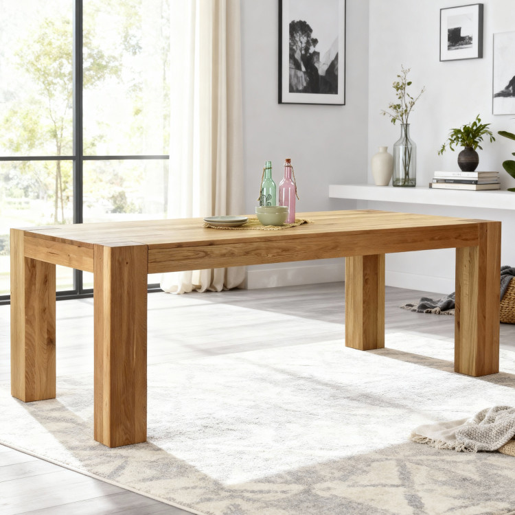 Masívny dubový jedálenský stôl 220×100 cm so 4 škandinávskymi stoličkami