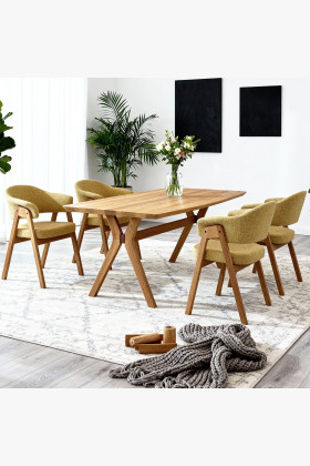 Dubový jedálenský stôl oválny 180 × 90 cm a žltá stolička Mona