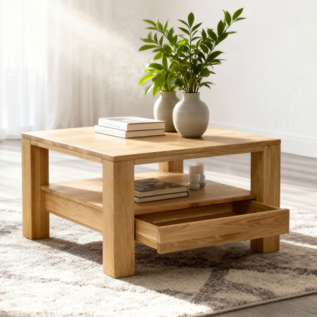 Drevený dubový konferenčný stolík s policou