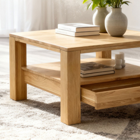 Drevený dubový konferenčný stolík s policou