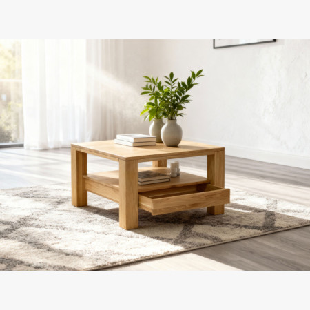 Drevený dubový konferenčný stolík s policou