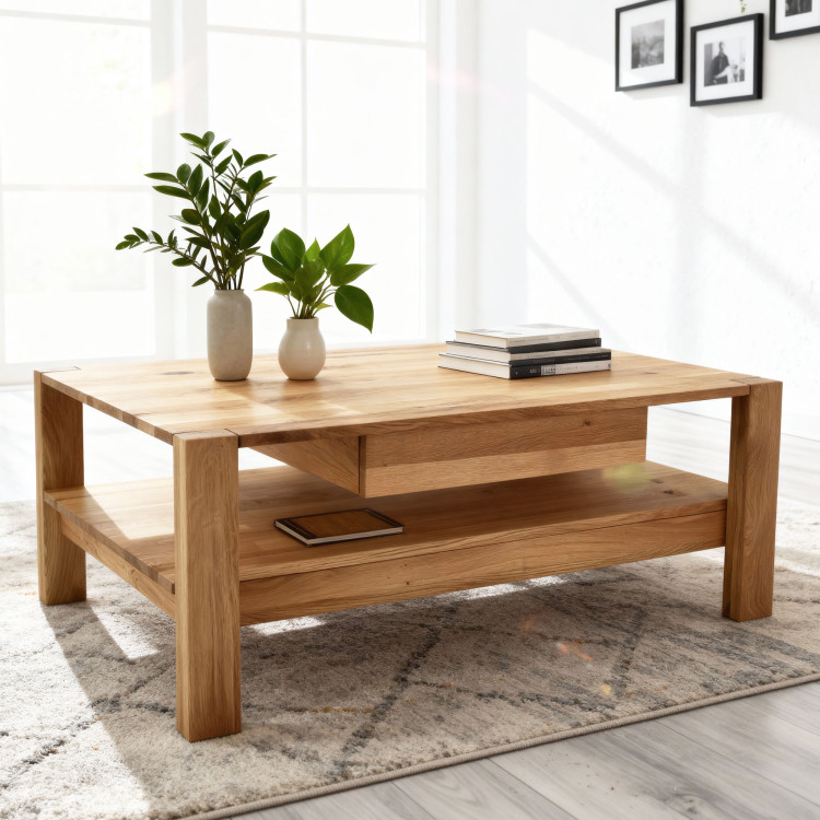 Drevený dubový konferenčný stolík s poličkou