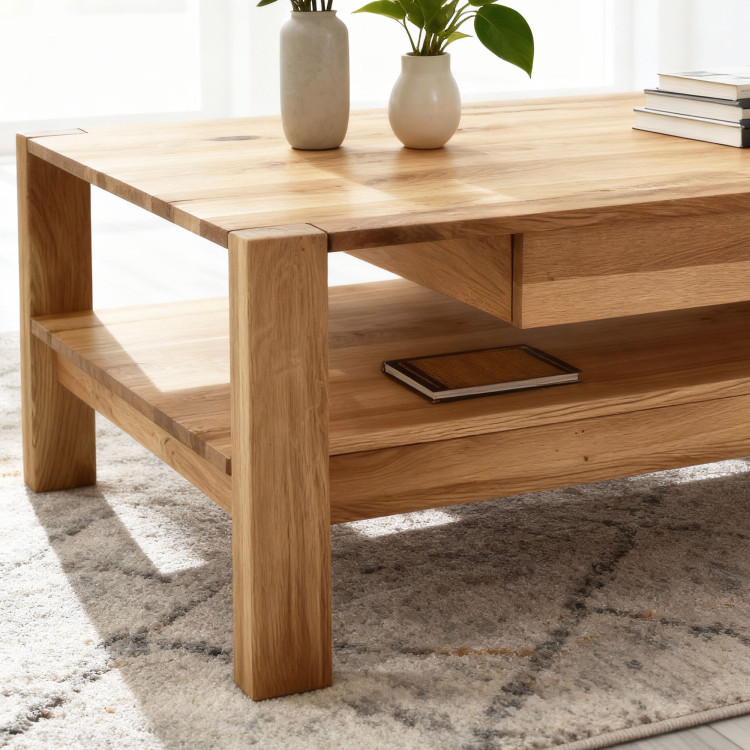 Drevený dubový konferenčný stolík s poličkou