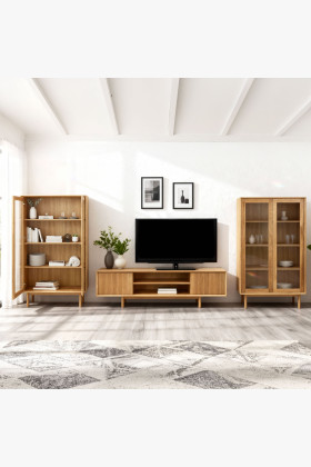 Obývacia stena z dubového masívu s vitrínami a TV komodou