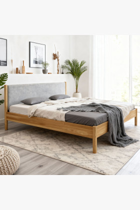 Posteľ z dubového masívu s látkovým čelom 180 x 200 cm