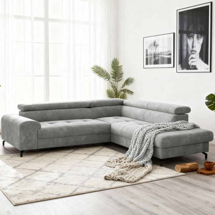 Rohová sedačka s funkciou spania a odkládacím priestorom - Pravá, platinová farba