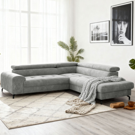 Rohová sedačka s funkciou spania a odkládacím priestorom - Pravá, platinová farba