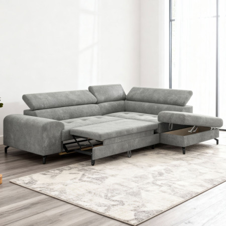 Rohová sedačka s funkciou spania a odkládacím priestorom - Pravá, platinová farba