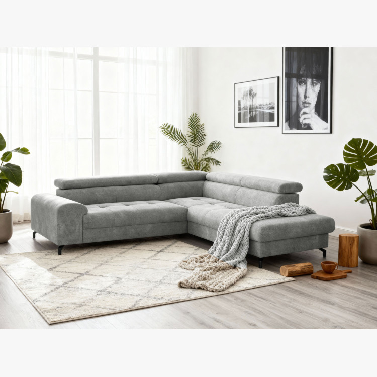 Rohová sedačka s funkciou spania a odkládacím priestorom - Pravá, platinová farba