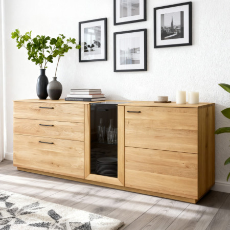 Dubová komoda 191 cm široká so sklom a dvierkami