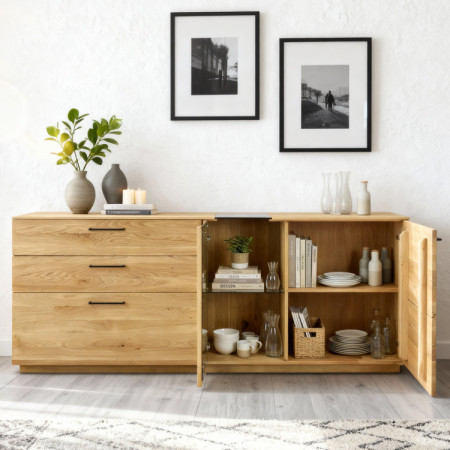 Dubová komoda 191 cm široká so sklom a dvierkami