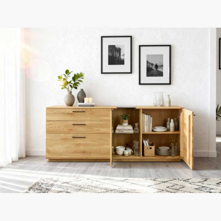 Dubová komoda 191 cm široká so sklom a dvierkami