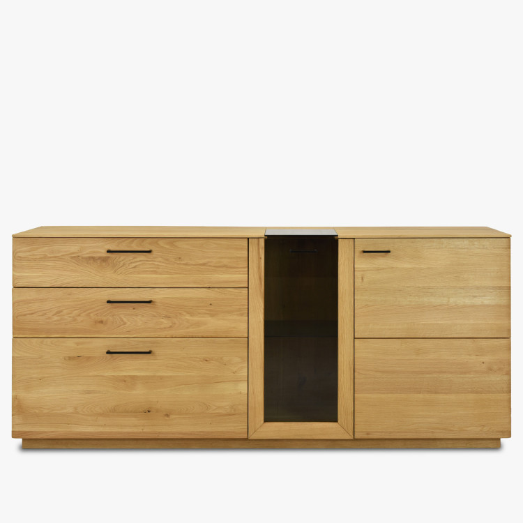 Dubová komoda 191 cm široká so sklom a dvierkami