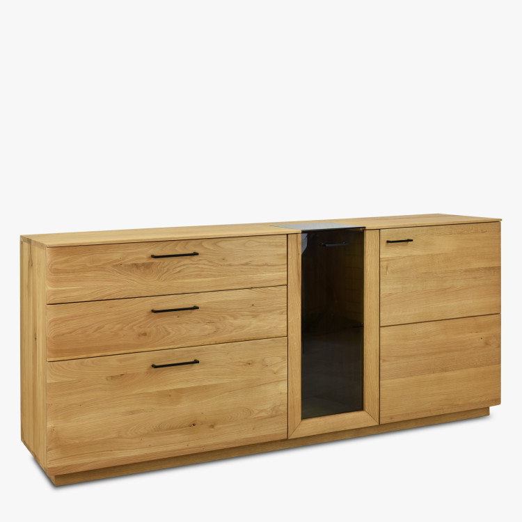 Dubová komoda 191 cm široká so sklom a dvierkami