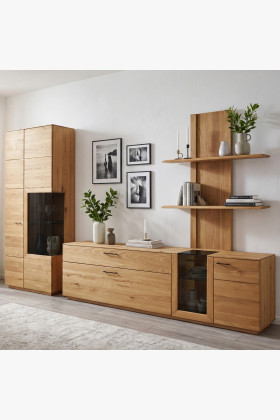 Obývacia stena z dubového dreva vitrína, police a tv komoda