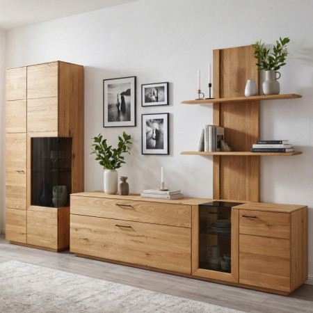 Obývacia stena z dubového dreva vitrína, police a tv komoda