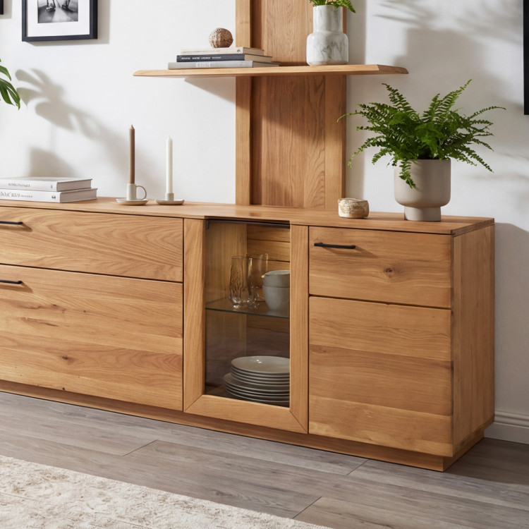 Obývacia stena z dubového dreva vitrína, police a tv komoda