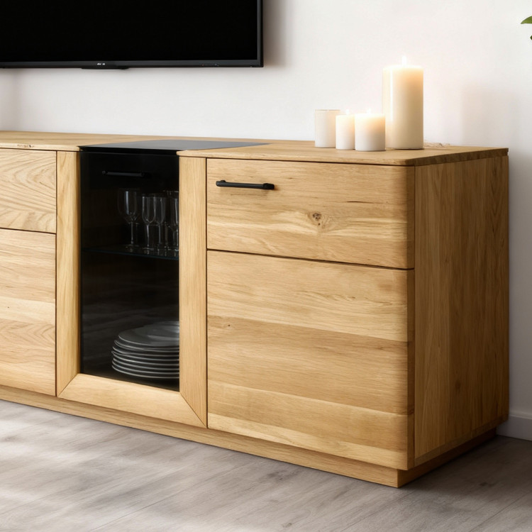 Obývacia stena z dubového dreva vitrína, police a tv komoda