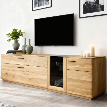 Obývacia stena z dubového dreva vitrína, police a tv komoda