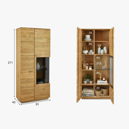 Obývacia stena z dubového dreva vitrína, police a tv komoda