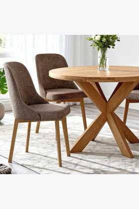 Elegantné jedálne stoličky v sivej hnedej látke a dubové nohy 2