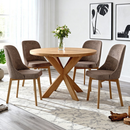 Elegantné jedálne stoličky v sivej hnedej látke a dubové nohy