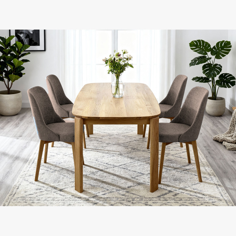 Elegantné jedálne stoličky v sivej hnedej látke a dubové nohy