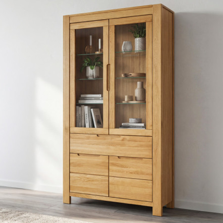 Dubová vysoká vitrína so sklenenými dvierkami a pevnými