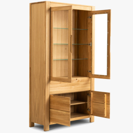 Dubová vysoká vitrína so sklenenými dvierkami a pevnými