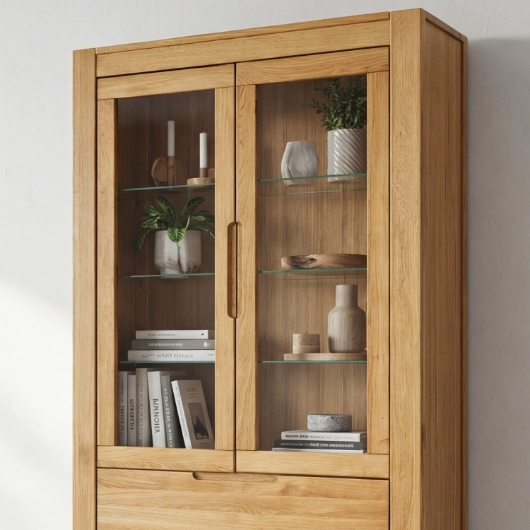 Dubová vysoká vitrína so sklenenými dvierkami a pevnými