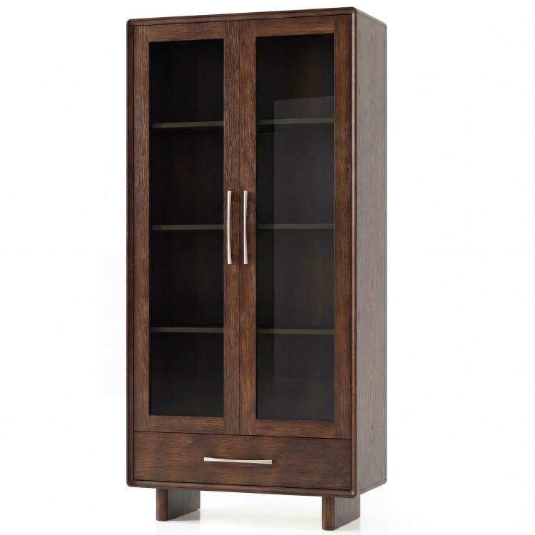 Vitrína so sklenenými dvierkami a zásuvkou v farbe orech