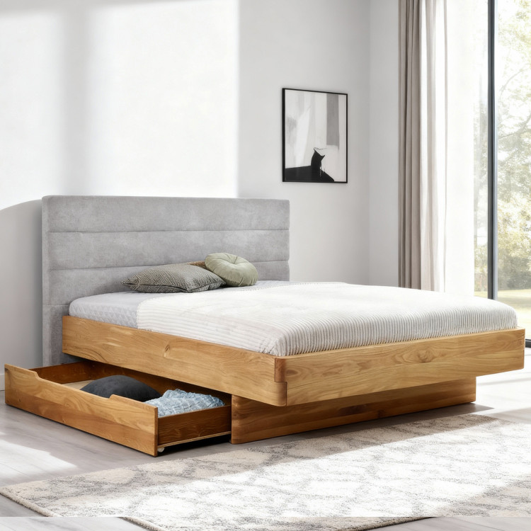 Dubová posteľ Dominika 160x200 cm s látkovým čelom sivá