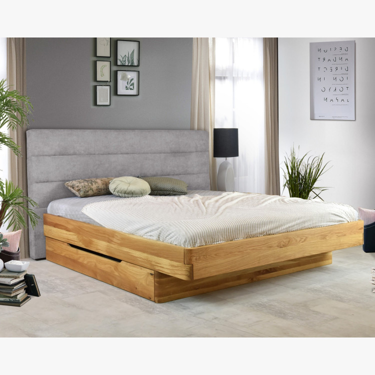 Dubová posteľ Dominika 180x200 cm s látkovým čelom sivá