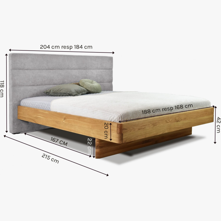 Dubová posteľ Dominika 180x200 cm s látkovým čelom sivá