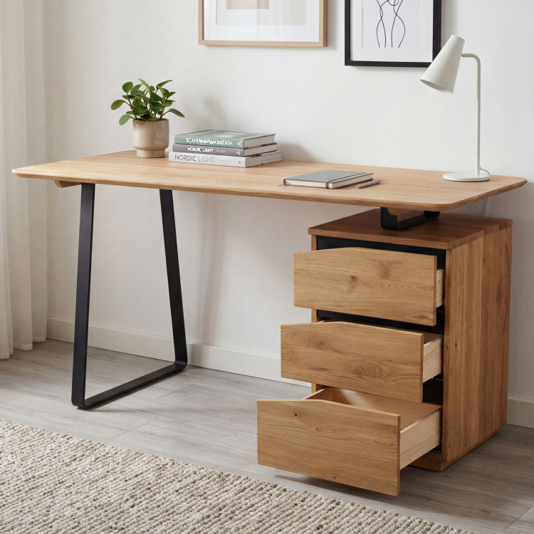 Dubový pracovný stôl, s čiernymi kovovými nohami, Smak