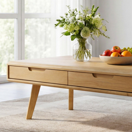 Masívny konferenčný stolík so zásuvkami, dub natural