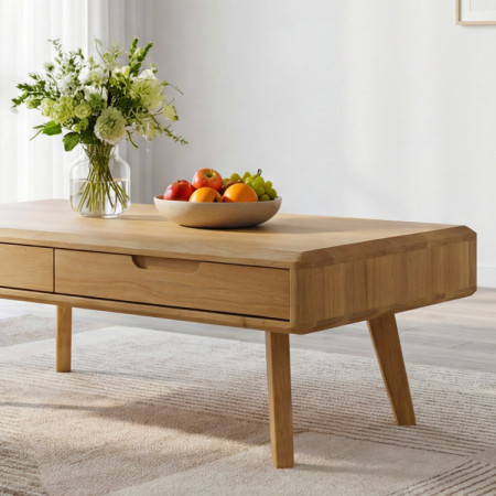 Masívny konferenčný stolík so zásuvkami, dub natural