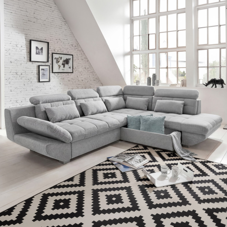 Rohová sedacia súprava sivá – roh vpravo s funkciou spania a úložným priestorom