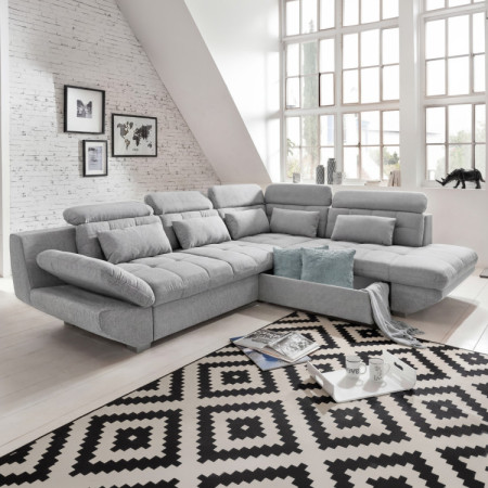 Rohová sedacia súprava sivá – roh vpravo s funkciou spania a úložným priestorom