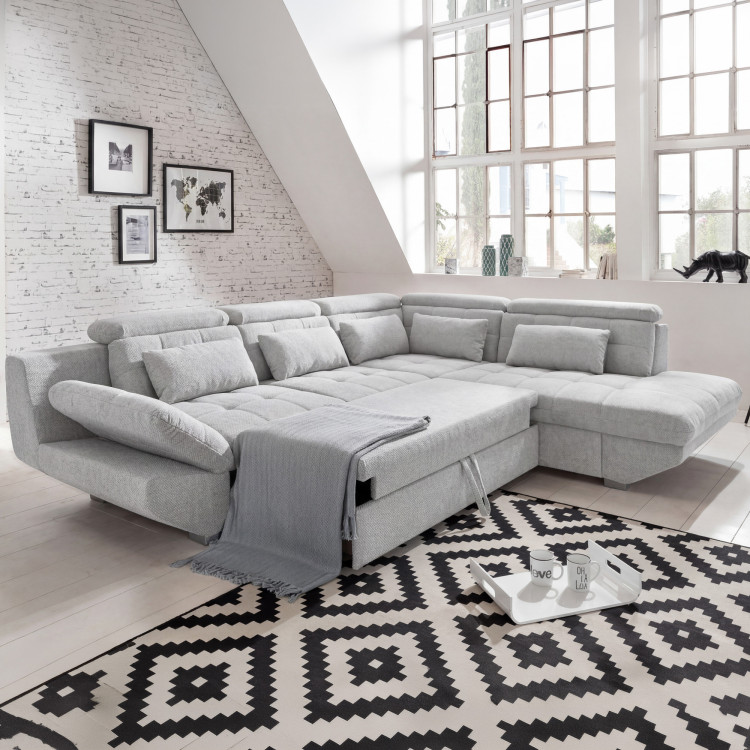 Rohová sedacia súprava sivá – roh vpravo s funkciou spania a úložným priestorom