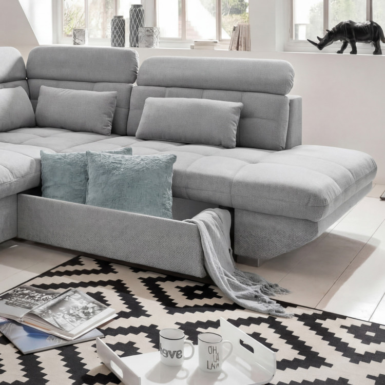 Rohová sedacia súprava sivá – roh vpravo s funkciou spania a úložným priestorom