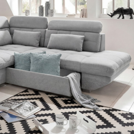 Rohová sedacia súprava sivá – roh vpravo s funkciou spania a úložným priestorom