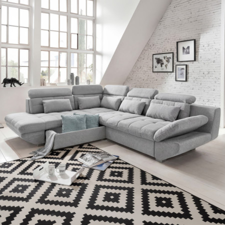 Rohová sedacia súprava šedá – roh vľavo s funkciou spania a úložným priestorom