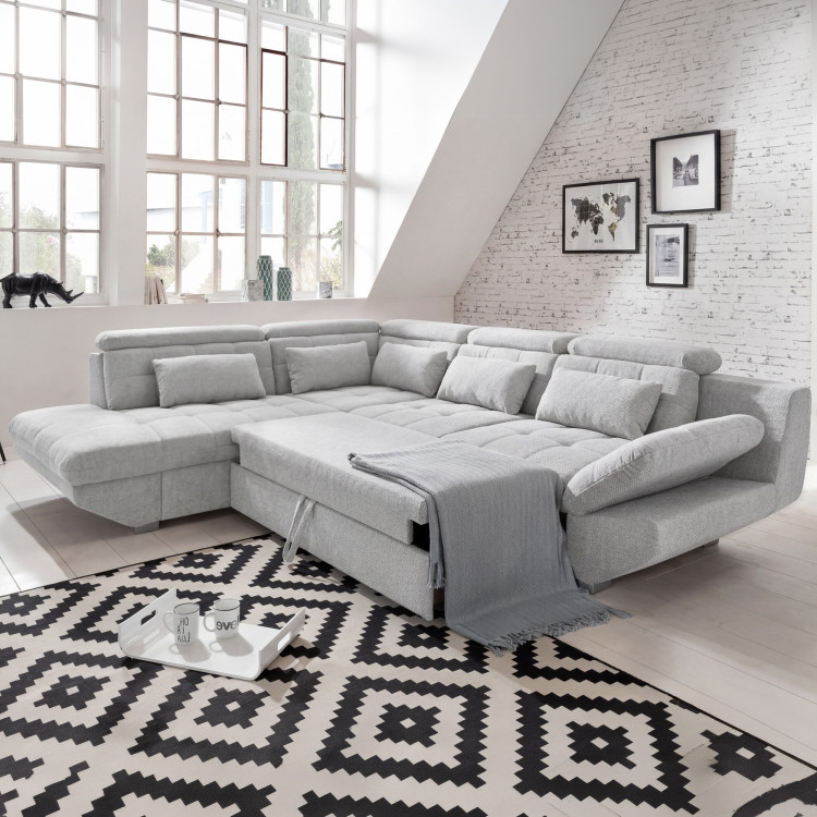 Rohová sedacia súprava šedá – roh vľavo s funkciou spania a úložným priestorom